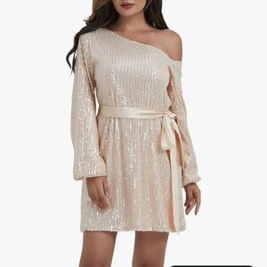 Elegant Sequin One-Shoulder Dress in Cream